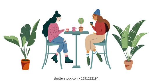 Two teenager millennial hipster girl sit in loft cafe and drink Coffee shop - small business illustrations modern flat hand drawn vector concept illustration in scandinavian cozy style with flower pot