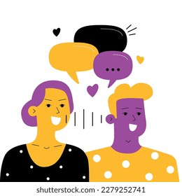 Two teenager students have a friendly study discussion. Guy and girl talking. Boy and girl dialog speech. Social media chat and communication concept