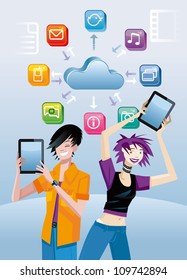 Two teenagers (boy and girl) very happy show a digital tablet each. one Over them, a cloud with icons of different applications.