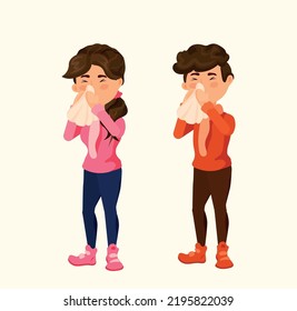 Two teenagers caught cold and flu due to winter season. The symptoms of the common cold and the flu epidemic. Human health and treatment methods concept. Sneezing Feeling Sick with Flu Symptoms.