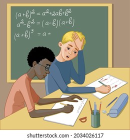 Two teenagers in a classroom. African American boy tries to explain mathematical exercises to his friend who has problem with a homework. Vector image, eps10