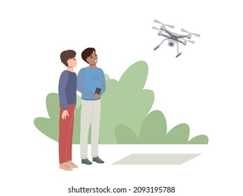 Dos adolescentes lanzan un cuadrilátero de drones al cielo. Clases en un club técnico, entrenamiento e invenciones. juguetes educativos modernos, amistad y aprendizaje. Ilustración vectorial de dibujos animados planos.