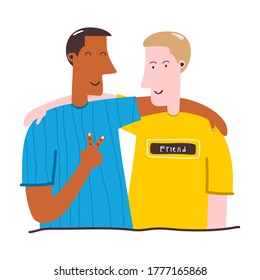 Two teenagers man hugging cartoon characters on a white background. Excited, smiling young men, office workers, colleagues, brothers. Concept of friendship. Flat vector illustration
