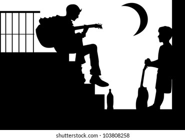 Two teenagers playing guitar while sitting on the stairs;