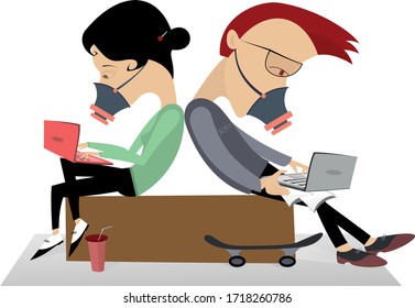 Two teenagers in the protective masks work on laptops illustration. Two teenagers in the protective masks sitting back to back and communicate by internet using notebook computers isolated on white
