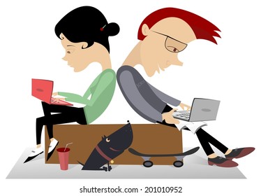 Two teenagers sitting back to back and communicate by internet 