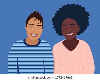 Two teenagers smiling with dental braces on their teeth.Boy and girl different ethnicities.Orthodontic metal retainers for bite correction.Oral daily life hygiene,care.Afro-american,caucasian person