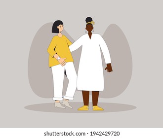 Two teenagers standing together. Young female friends wearing in casual clothes. Girls standing and hugging each other. Vector color line illustration. 