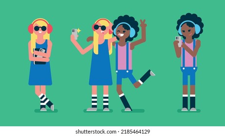 Two teenagers take a selfie with mobile phone, blonde teenage girl carry a book and her cell phone, black african afro girl wear headphone and chat her friend, Flat avatar vector illustration.