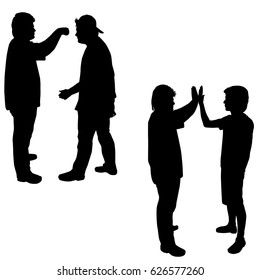 Two teenagers, various postures, standing, greeting, vector, silhouette,  black color, isolated on white background