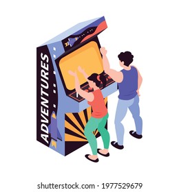 Two teens playing adventure game on retro machine 3d isometric vector illustration