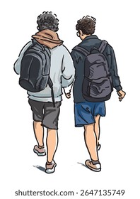 Dois adolescentes amigos estudantes com mochilas andando ao ar livre juntos, desenho à mão livre, ilustração vetor realista isolado no branco