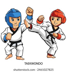 Two tekwondo athletes  isolated on white background in cartoon style. Summer Games 2024. Vector illustration.