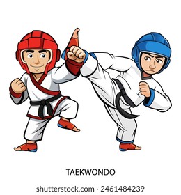 Two tekwondo athletes  isolated on white background in cartoon style. Summer Games 2024. Vector illustration.