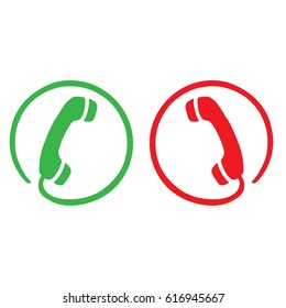 Two telephone receivers one red and one green 