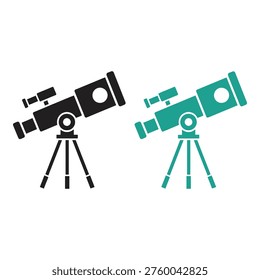 Two telescopes on tripods in black and green colors side by side for astronomy icon