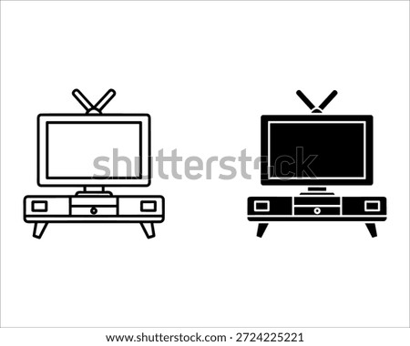 Two televisions one turned on and one turned off on stands with antennas black screen