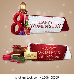 Two template to March 8 with candy, rose and tulip in a bucket under a lantern