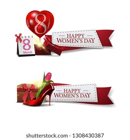Two template with red ribbons to March 8 with bucket with gift, balloon and women's Shoe with tulips inside