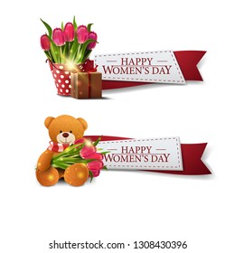 Two template with red ribbons to March 8 with bucket with tulips, gift and Teddy bear with a bouquet of tulips