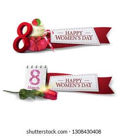 Two template with red ribbons to March 8 with rose, cupcake and calendar