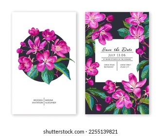 Two templates with botanical spring design for postcards, posters, banners, flyers, social media posts. Realistic vector pink hand-drawn apple blossoms. Spring blooming trees. Place for your text.