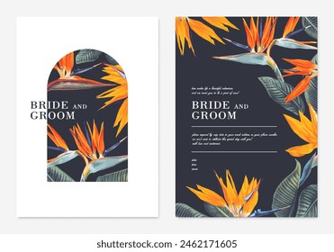 Two templates for greeting card, wedding invitation, save the date, poster or banner for social media advertising with realistic flowers Strelitzia, Bird of Paradise, Crane flower. 