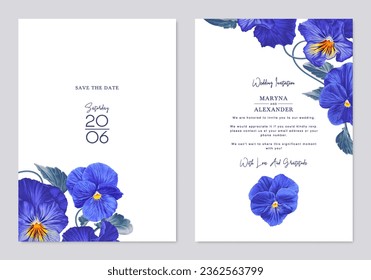 Two templates for greeting cards, wedding invitations, save the date, poster or banner for social media ads with realistic blue Viola flowers, Pansies. Minimalistic botanical design for your products