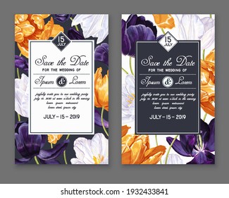 Dos plantillas de tarjetas de invitación, afiche, banners de medios sociales o publicidad al aire libre con tulipanes realistas. Tulipanes vectoriales con detalles de primavera de color amarillo, blanco y violeta oscuro para su diseño.