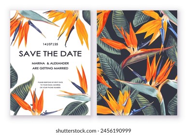 Two templates for postcards, flyers, or posts in social networks, place for text. Design with Strelitzia regal, tropical flowers and leaves on white and dark background. A South African plant