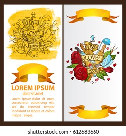 Two templates for vertical banners or leaflets with the image of kitchen objects.