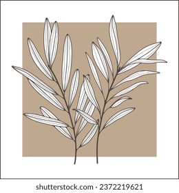 Two tender branches with leaves on a beige background. Wall design in beige and brown tones. Wall decoration, painting for decoration, creating wallpaper and backgrounds.