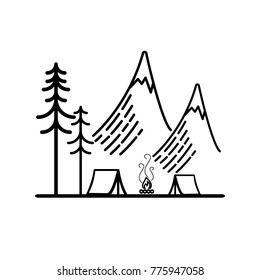 Two Tends by a Camp Fire on the Mountain