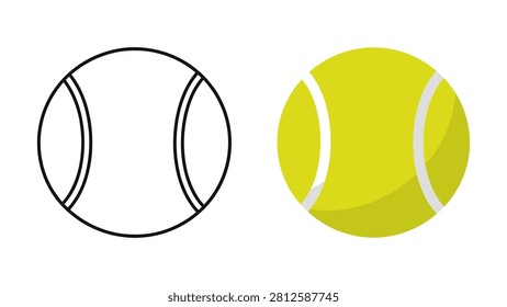 Two tennis ball designs featuring one simple black outline sketch and one vibrant yellow colored version set on white background