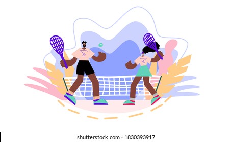 two tennis players black man and black woman play with rackets on the court. championship, training. Vector illustration. Winning the sports team competition