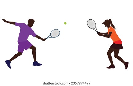 Two tennis players, man and woman, isolated on white, vector illustration