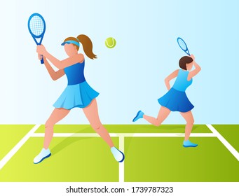 two tennis players play with rackets on the court. championship, training. Vector illustration. Winning the sports team competition