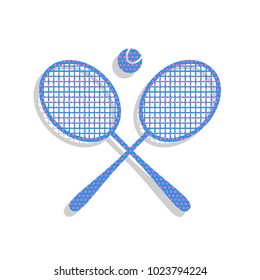 Two tennis racket with ball sign. Vector. Neon blue icon with cyclamen polka dots pattern with light gray shadow on white background. Isolated.