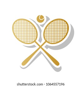 Two tennis racket with ball sign. Vector. Golden gradient icon with white contour and rotated gray shadow at white background.