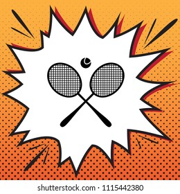 Two tennis racket with ball sign. Vector. Comics style icon on pop-art background.