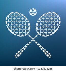 Two tennis racket with ball sign. Vector. White textured icon at lapis lazuli gradient background.