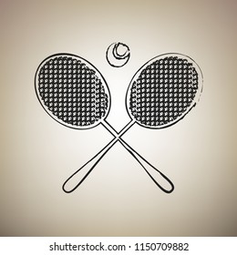Two tennis racket with ball sign. Vector. Brush drawed black icon at light brown background.