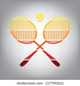 Two tennis racket with ball sign. Vector. Horizontally sliced icon with colors from sunny gradient in gray background.