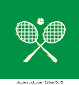 Two tennis racket with ball sign. Vector. White flat icon with yellow striped shadow at green background.