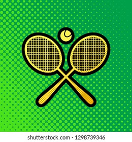 Two tennis racket with ball sign. Vector. Pop art orange to yellow dots-gradient icon with black contour at greenish background.