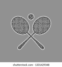 Two tennis racket with ball sign. Vector. Black maze filled icon with white border at gray background.