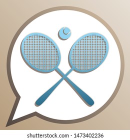 Two tennis racket with ball sign. Bright cerulean icon in white speech balloon at pale taupe background. Illustration.