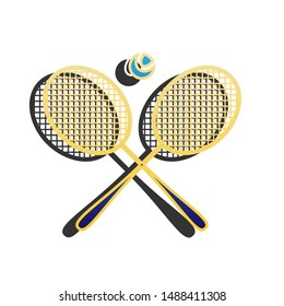 Two tennis racket with ball sign. Blue icon with gold contour with dark gray shadow at white background. Illustration.