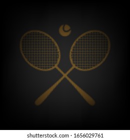 Two tennis racket with ball sign. Icon as grid of small orange light bulb in darkness. Illustration.