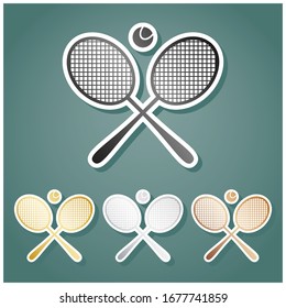 Two tennis racket with ball sign. Set of metallic Icons with gray, gold, silver and bronze gradient with white contour and shadow at viridan background. Illustration.